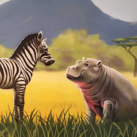 Girafe, zèbre, bébé hippo, singe… paysage de savane