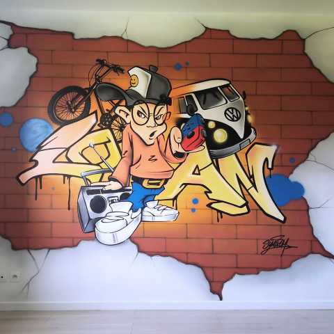 Graff pour la chambre de Loan - Fresque murale réalisée à l'aérosol et marqueur acrylique
