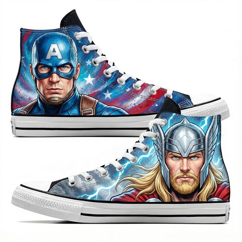 Projet de custom personnalisé "Captain América et Thor" sur Converse All Star