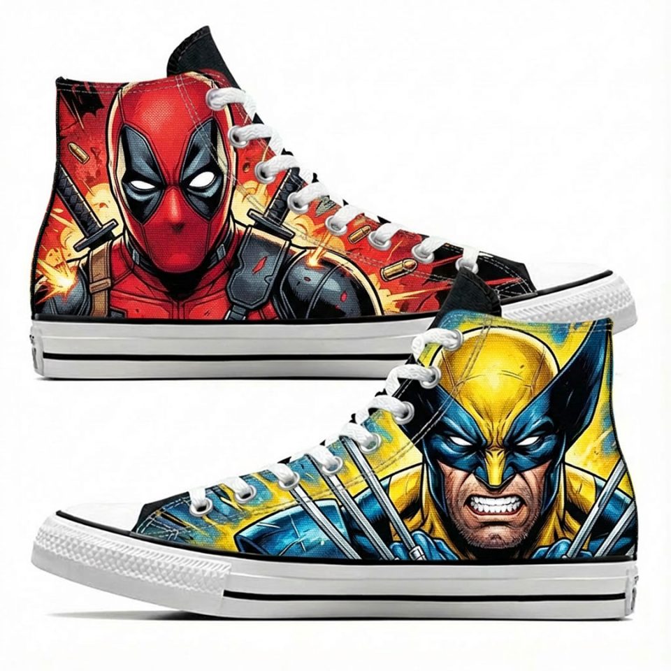 Projet de custom personnalisé "Deadpool et Wolverine" sur Converse All Star