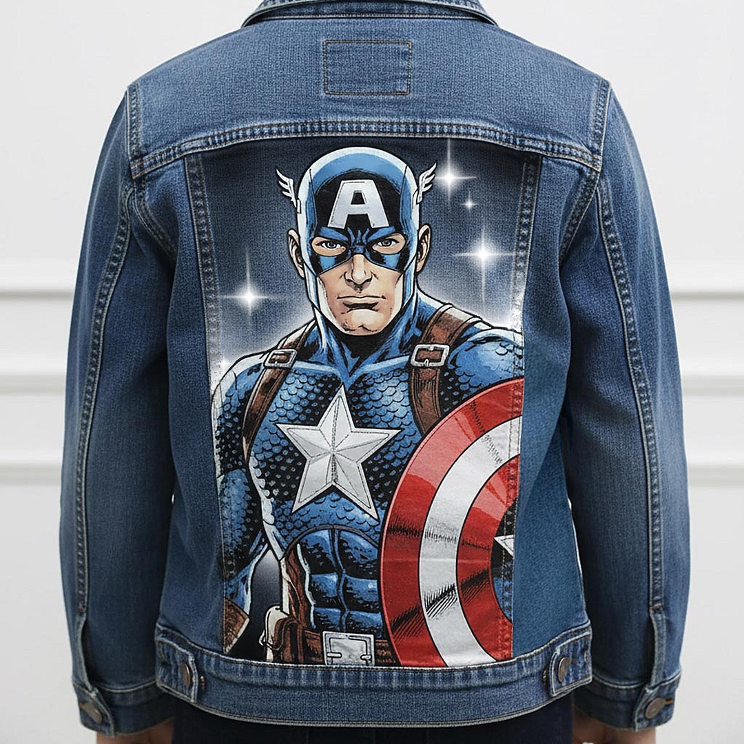Projet de custom personnalisé "Captain América" sur veste en jean