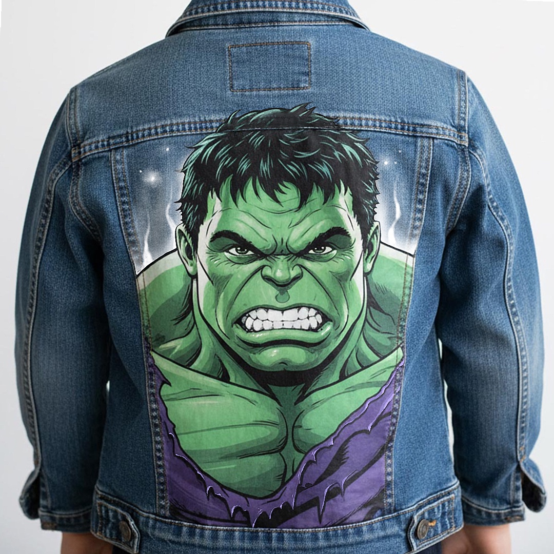 Projet de custom personnalisé "Hulk" sur veste en jean