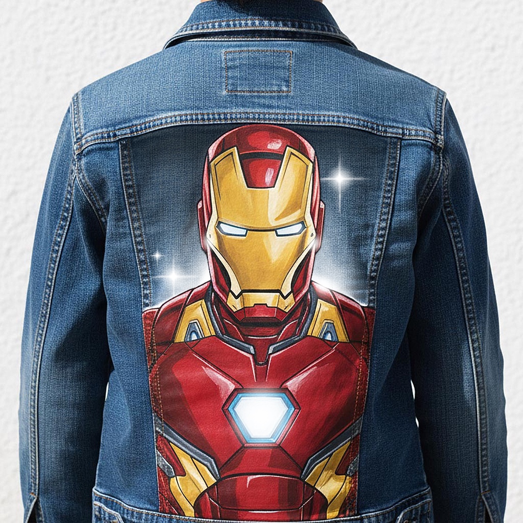 Projet de custom personnalisé "Iron Man" sur veste en jean