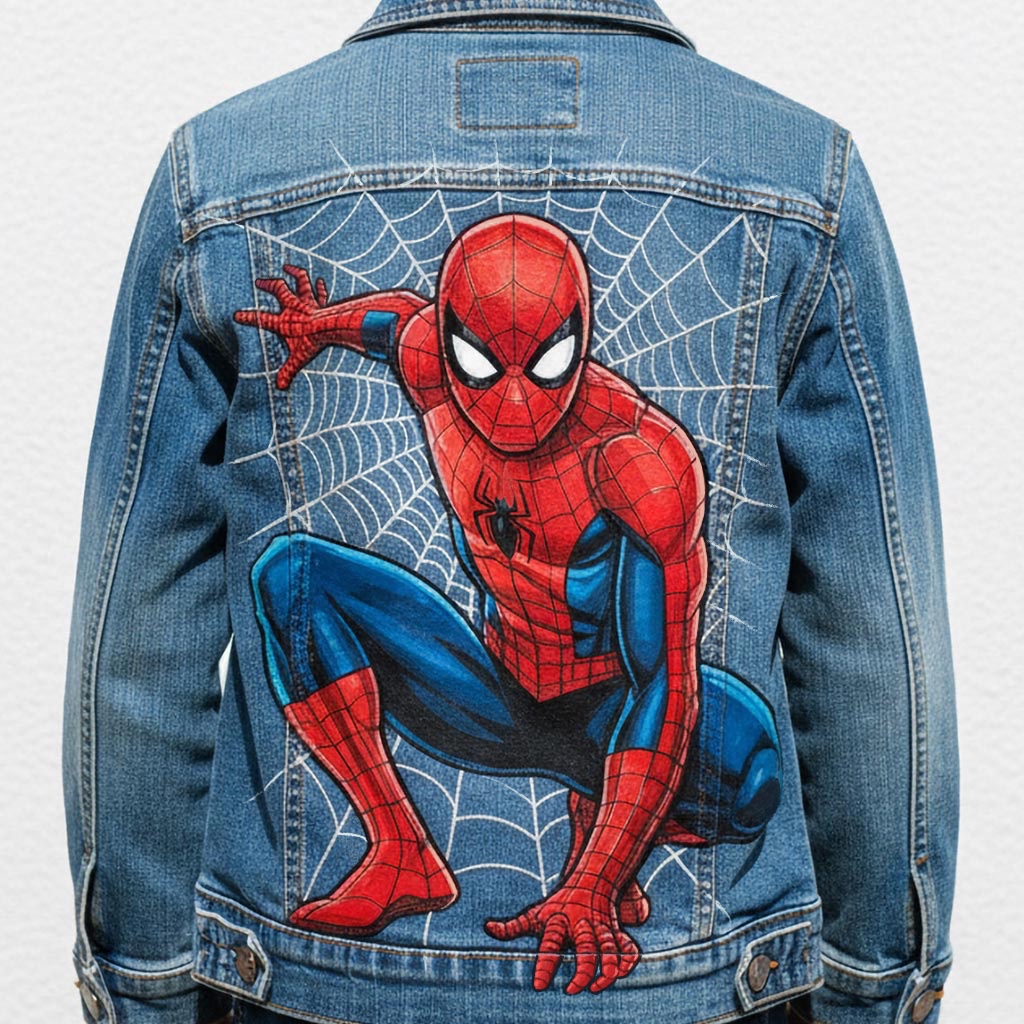 Projet de custom personnalisé "Spider-Man" sur veste en jean