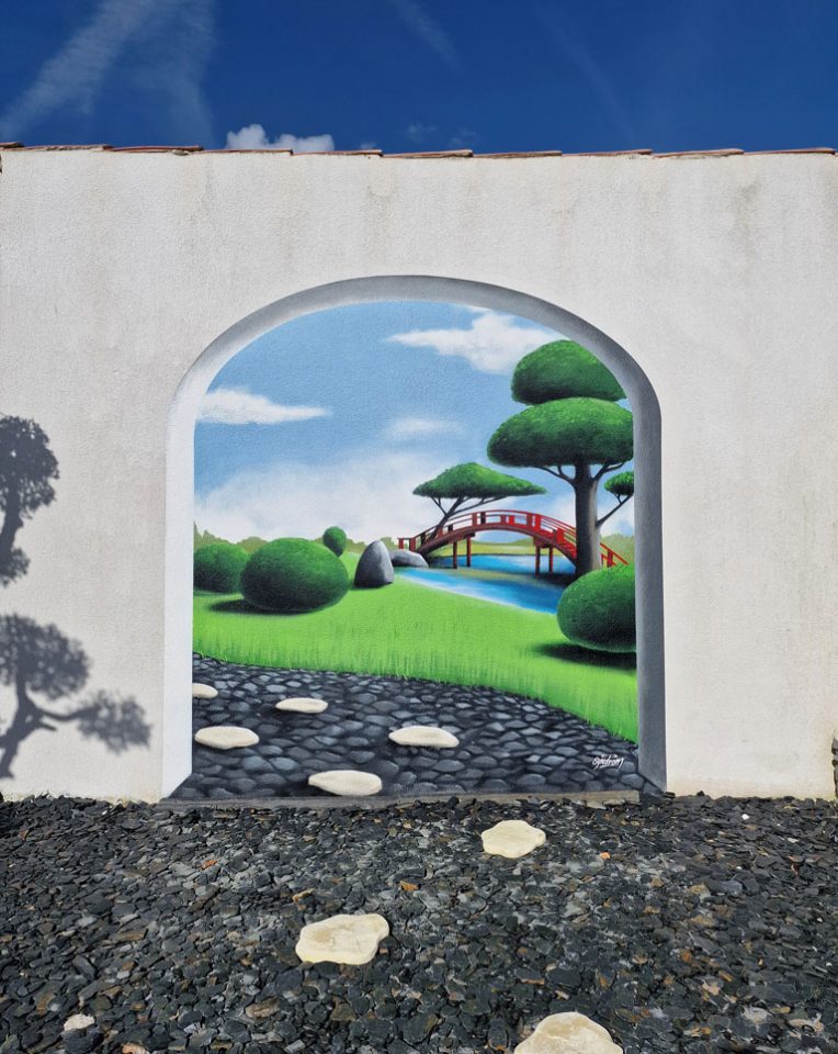 Fresque murale en trompe l'œil sur le thème du jardin japonais