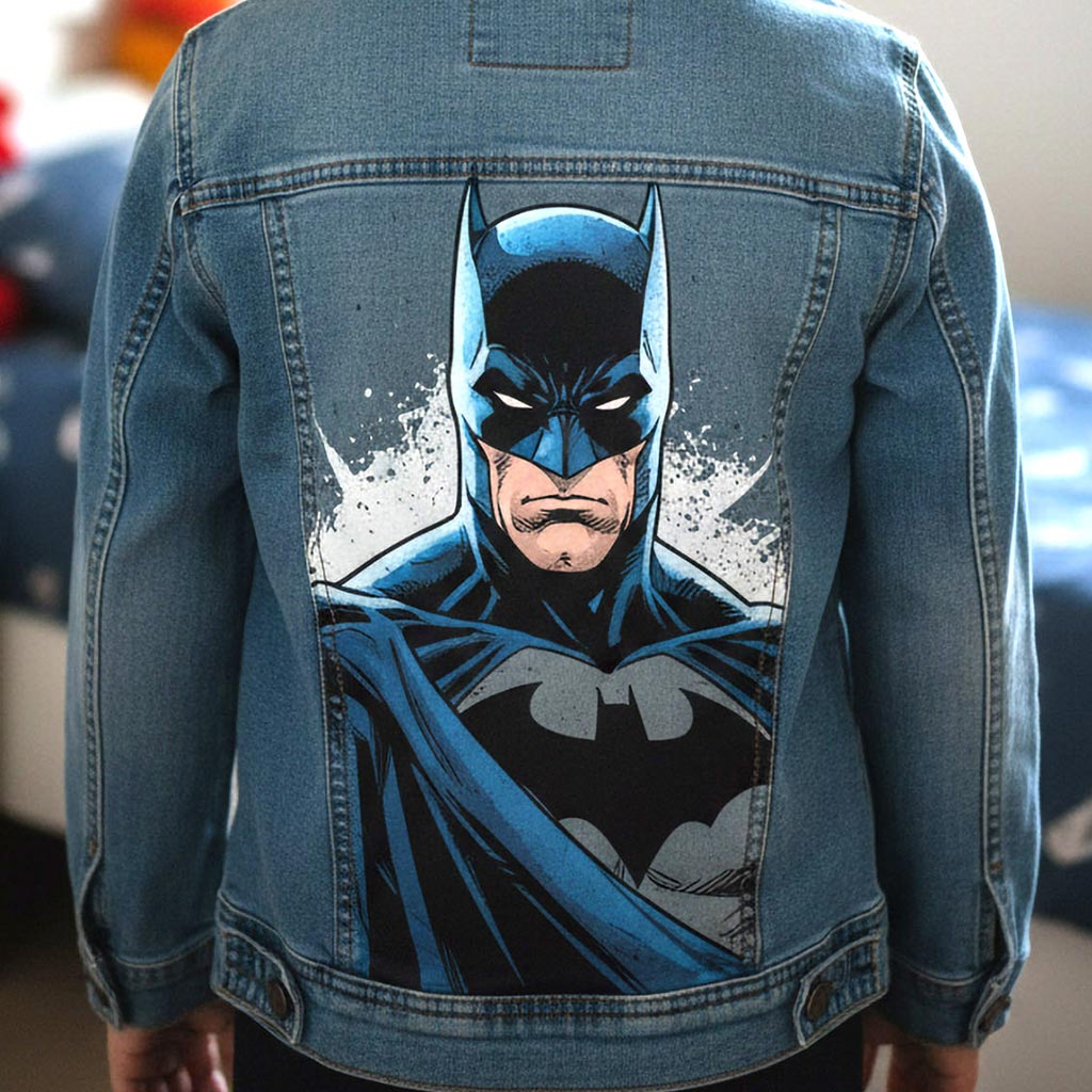Projet de custom personnalisé "Batman" sur veste en jean