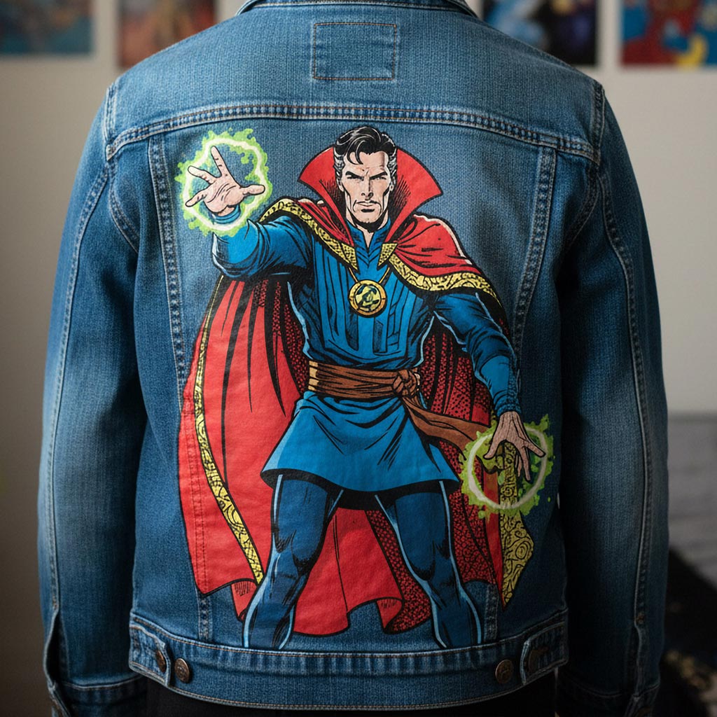 Projet de custom personnalisé "Dr Strange" sur veste en jean