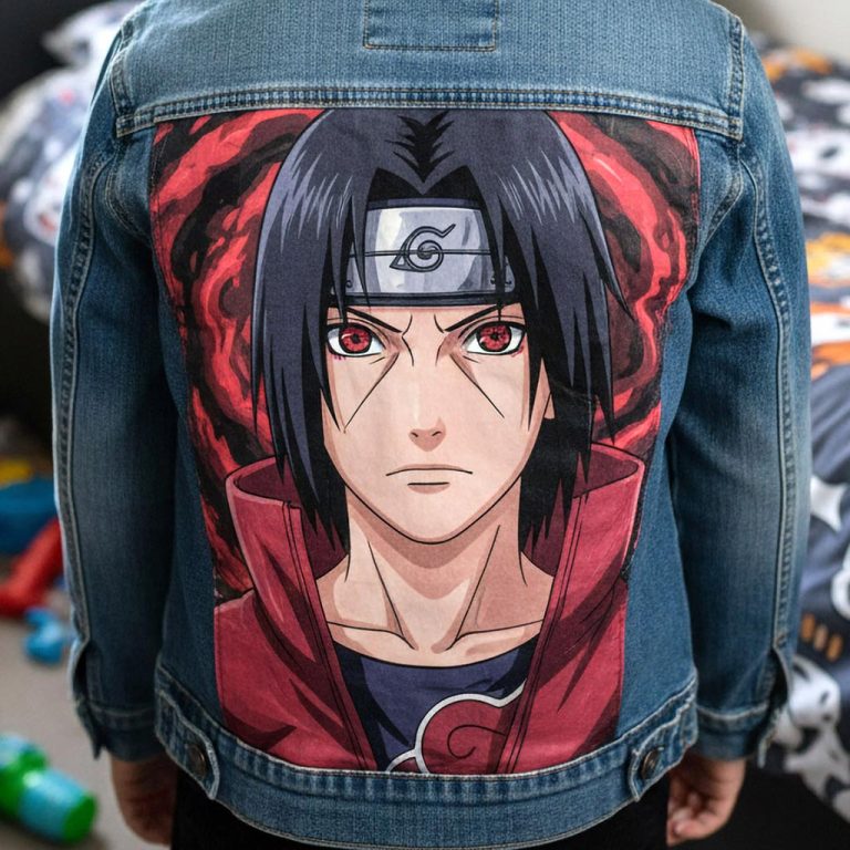 Projet de custom personnalisé "Itachi Uchiwa" sur veste en jean