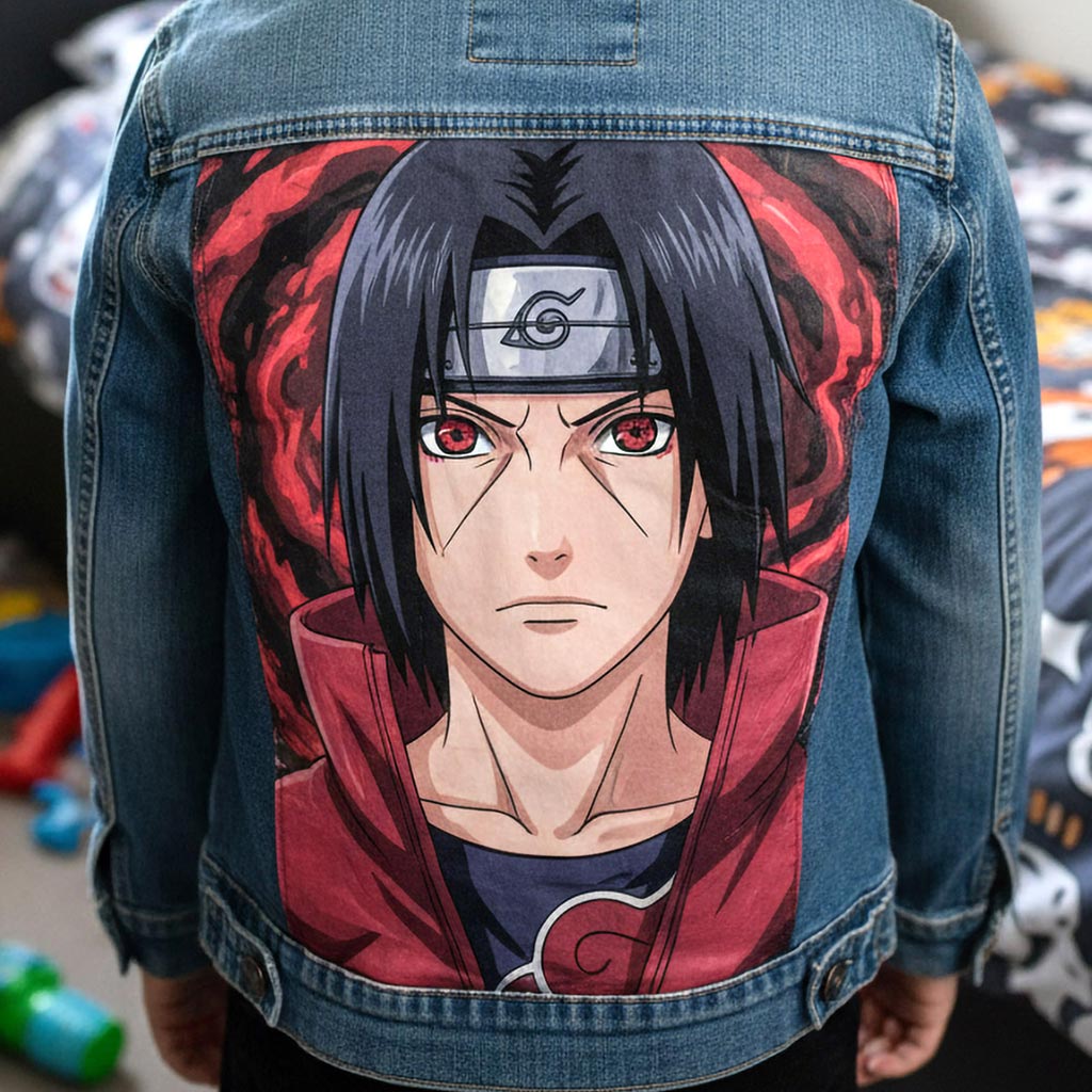 Projet de custom personnalisé "Itachi Uchiwa" sur veste en jean