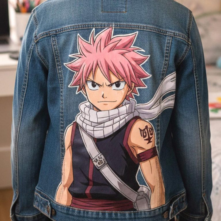 Projet de custom personnalisé "Fairy Tail - Natsu" sur veste en jean