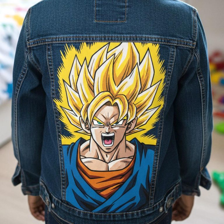 Projet de custom personnalisé "Son Goku Super Saiyan" sur veste en jean
