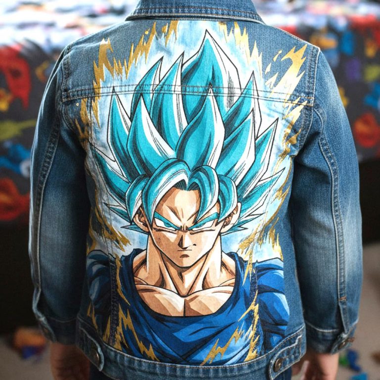 Projet de custom personnalisé "Son Goku Super Saiyan Bleu" sur veste en jean