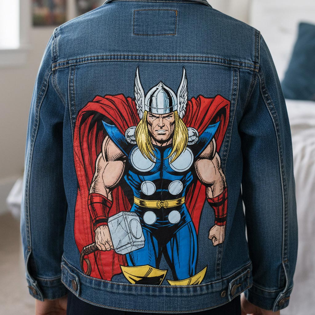 Projet de custom personnalisé "Thor" sur veste en jean