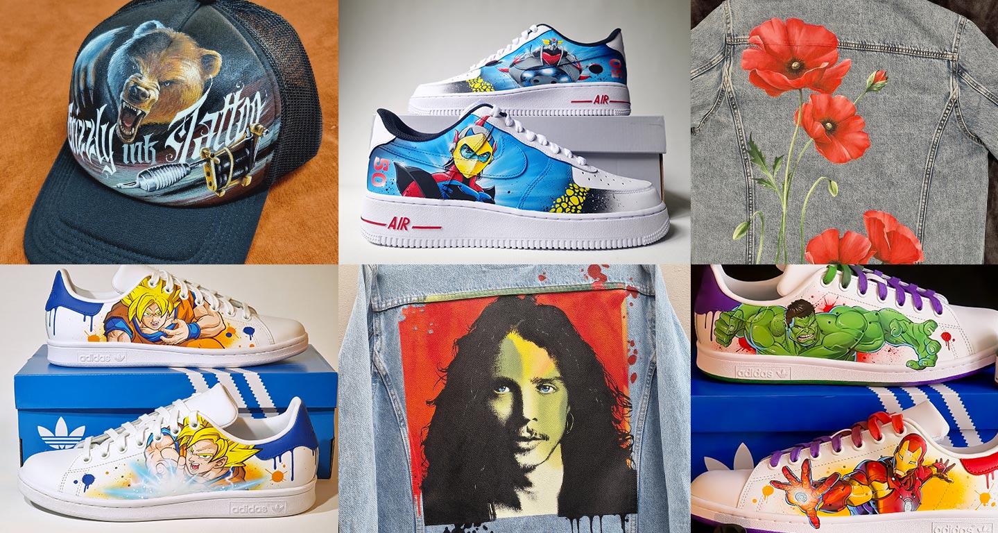 Customisations personnalisées de baskets, veste et casquette