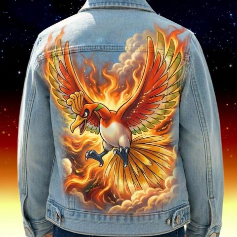 Custom "Ho-Oh" Pokémon légendaire sur veste en jean
