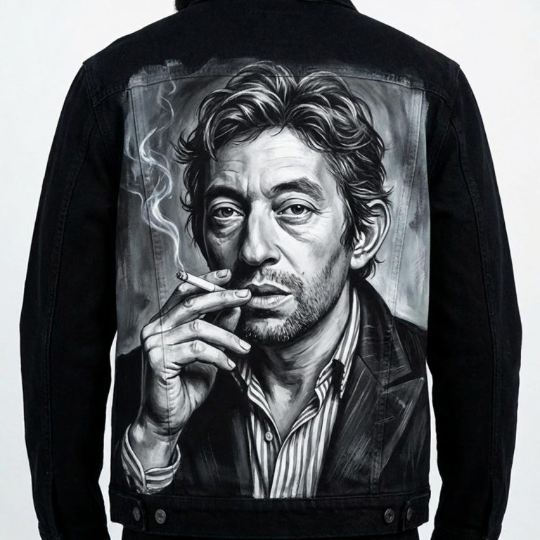 Portrait en noir et blanc sur veste en jean